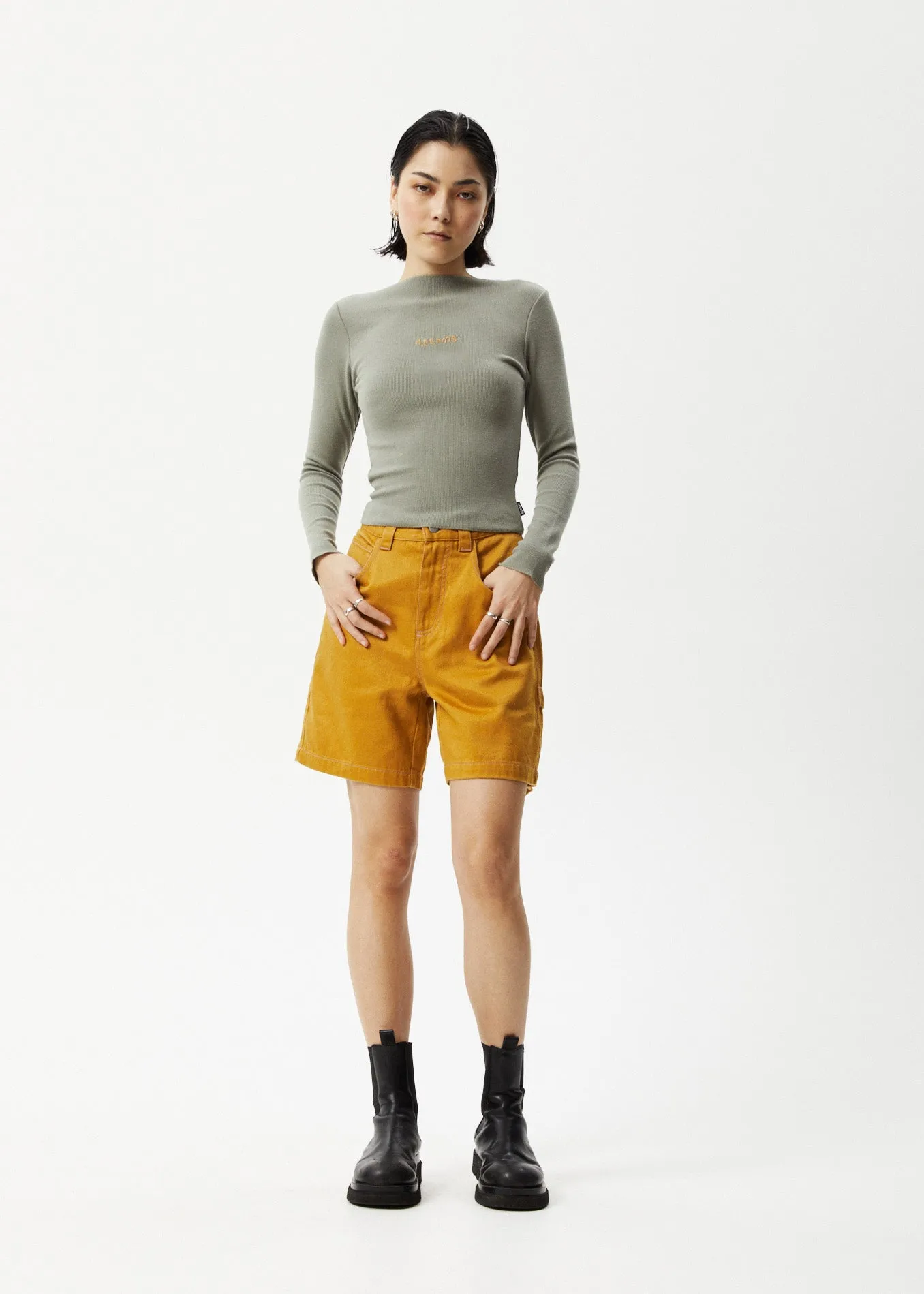 AFENDS Womens Day Dream Peony - Ribbed Long Sleeve Top - Olive