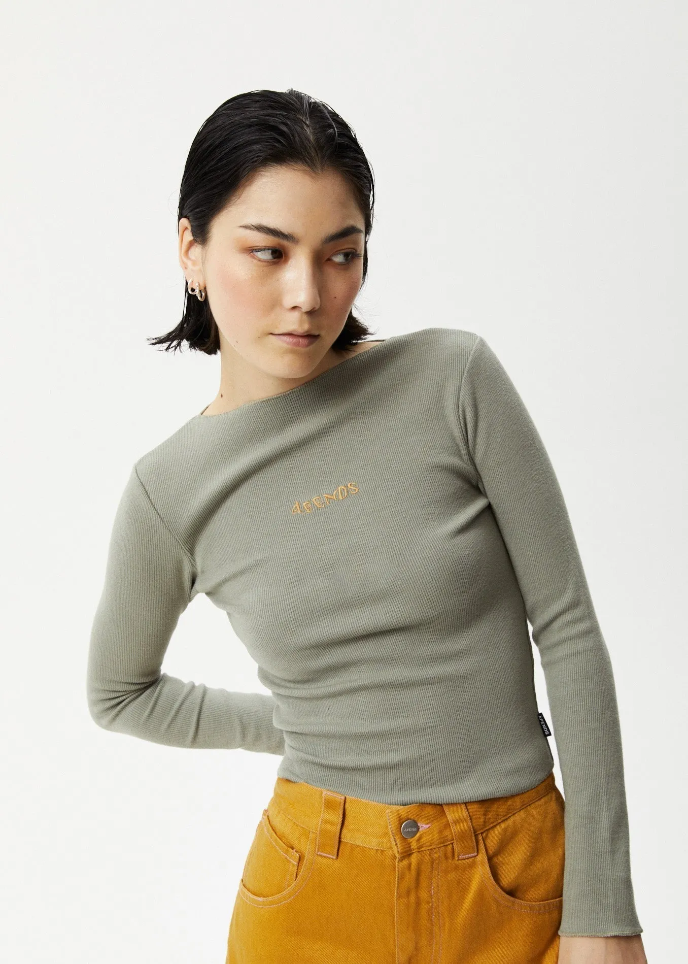 AFENDS Womens Day Dream Peony - Ribbed Long Sleeve Top - Olive