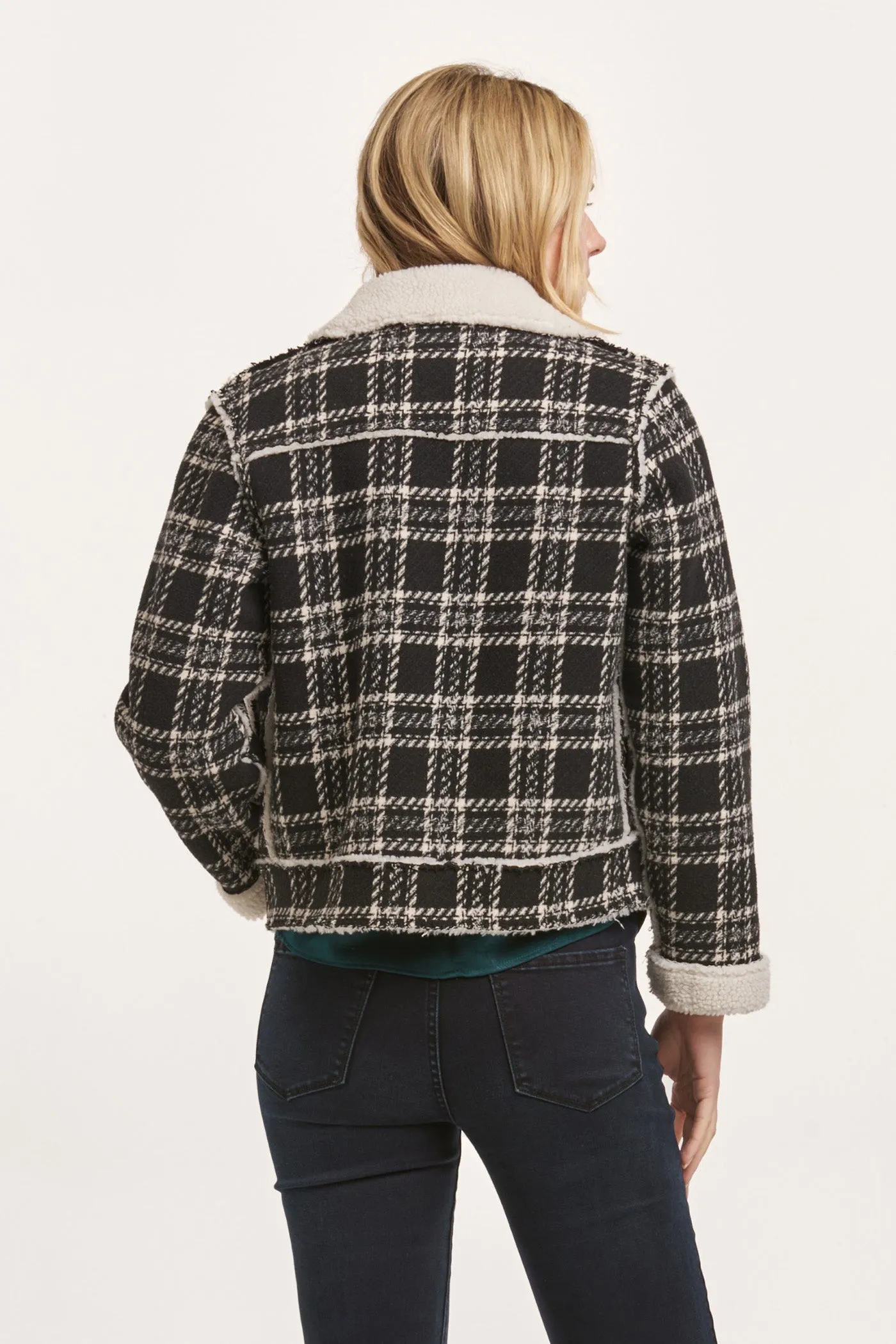 ALVIE ZIPPER FRONT COLLARED RELAXED FIT JACKET BLACK WHITE PLAID