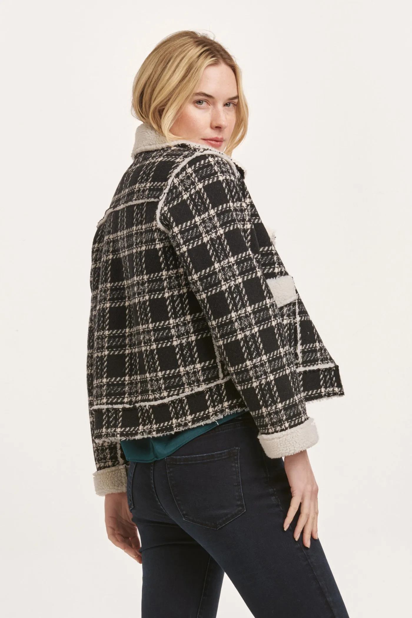 ALVIE ZIPPER FRONT COLLARED RELAXED FIT JACKET BLACK WHITE PLAID