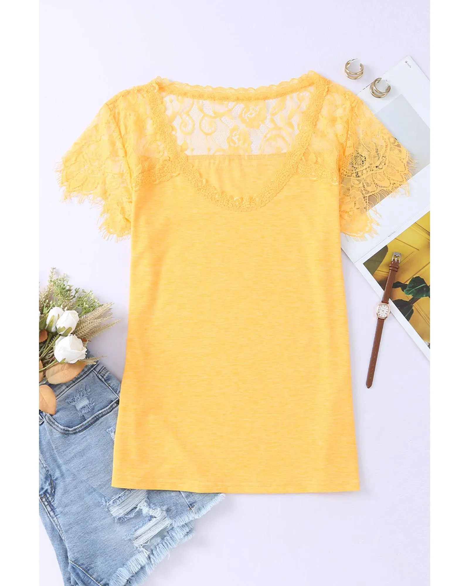 Azura Exchange Lace Crochet Short Sleeve T-Shirt - M