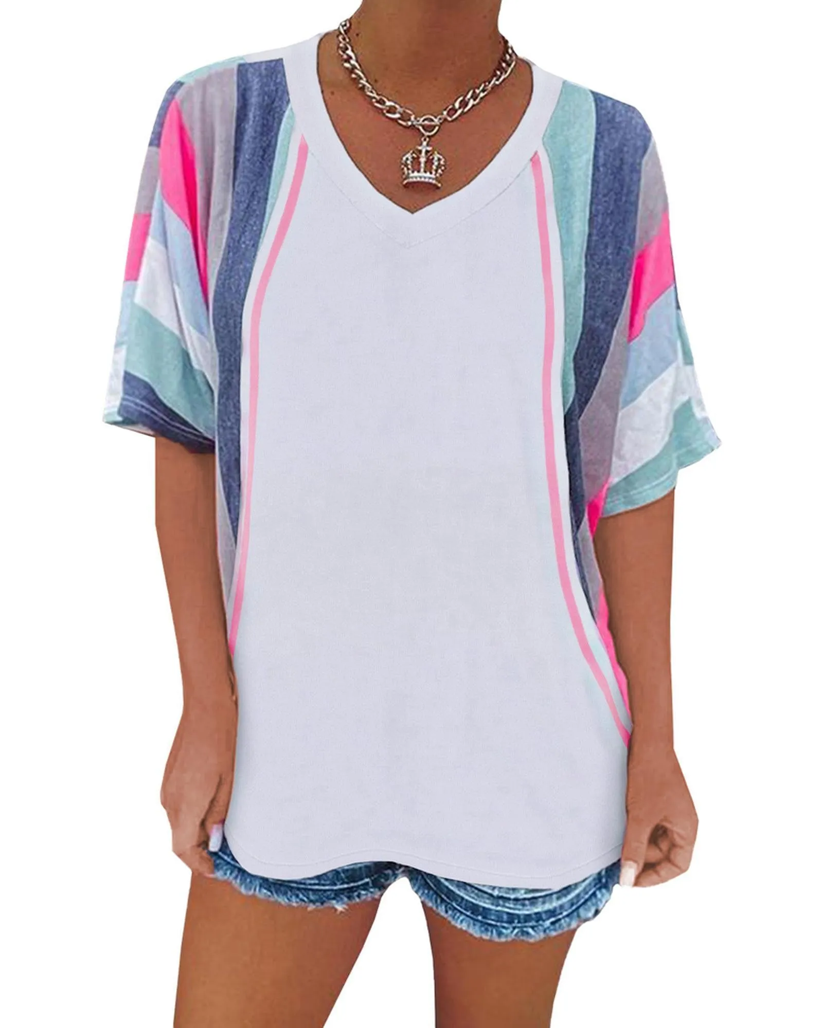 Azura Exchange Patchwork V Neck T-Shirt with Stripe Detail - XL