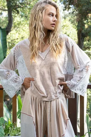 Beige Lace Detail V-Neck Flare Sleeve Blouse