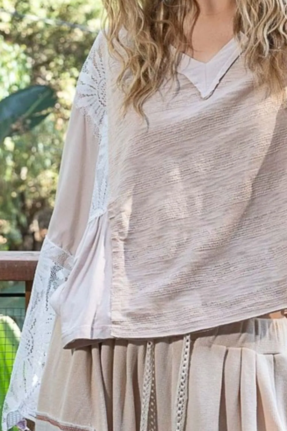 Beige Lace Detail V-Neck Flare Sleeve Blouse