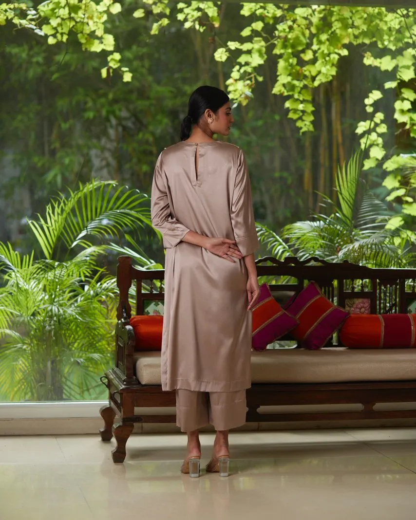 Beige Satin Silk Kurta Pant Set