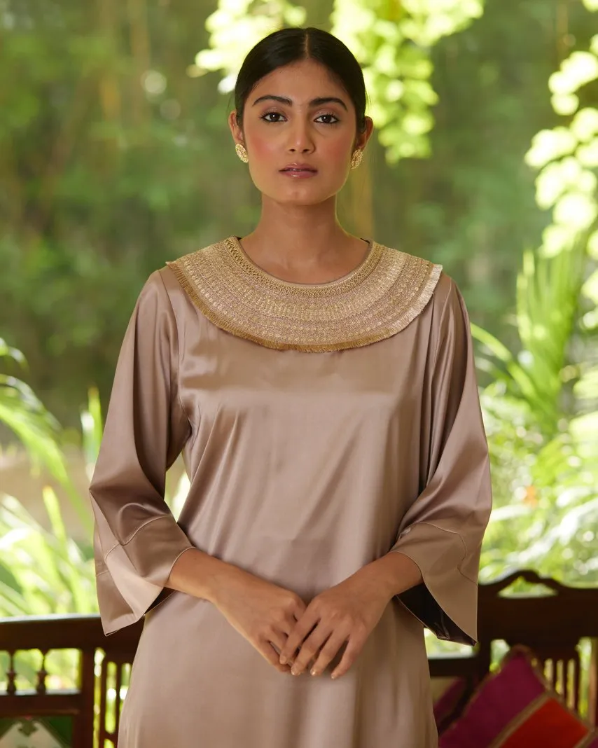 Beige Satin Silk Kurta Pant Set