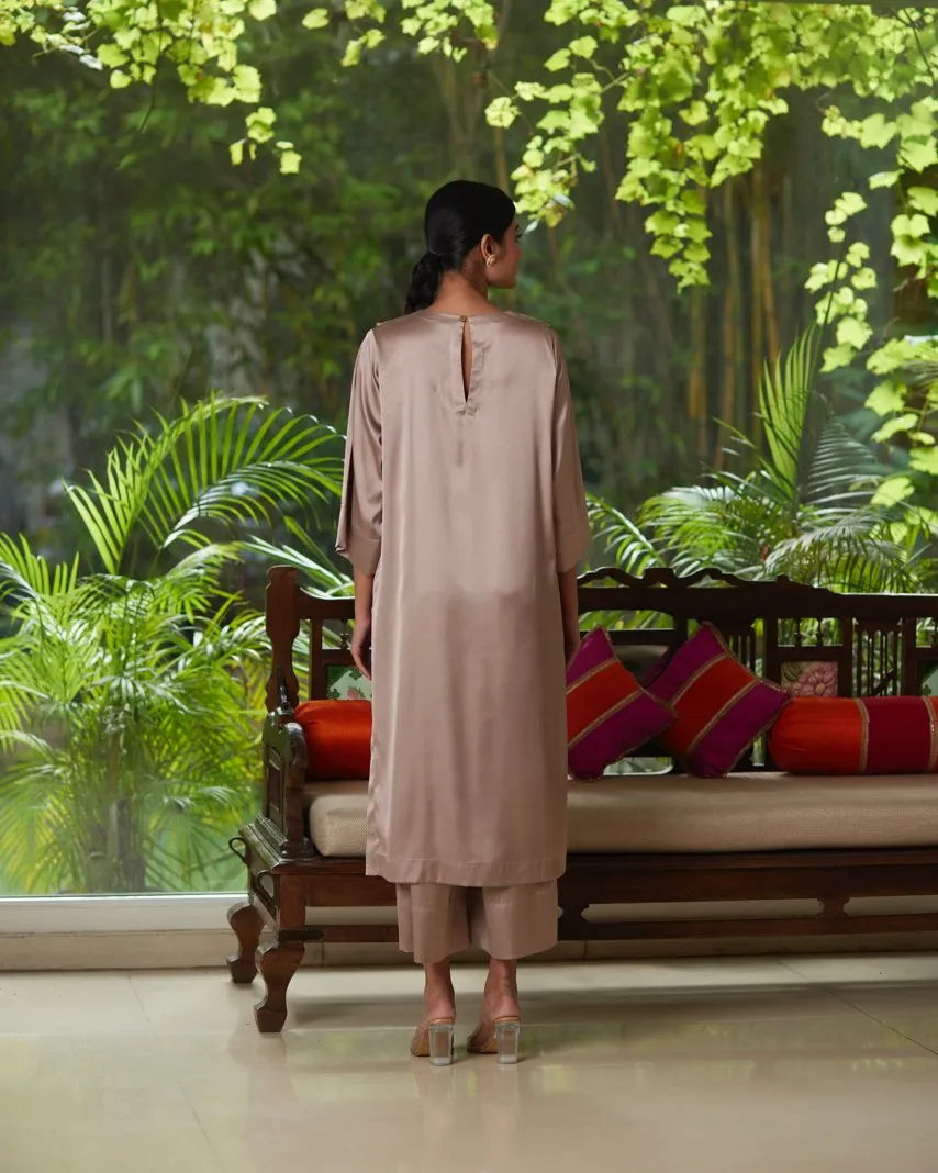 Beige Satin Silk Kurta Pant Set