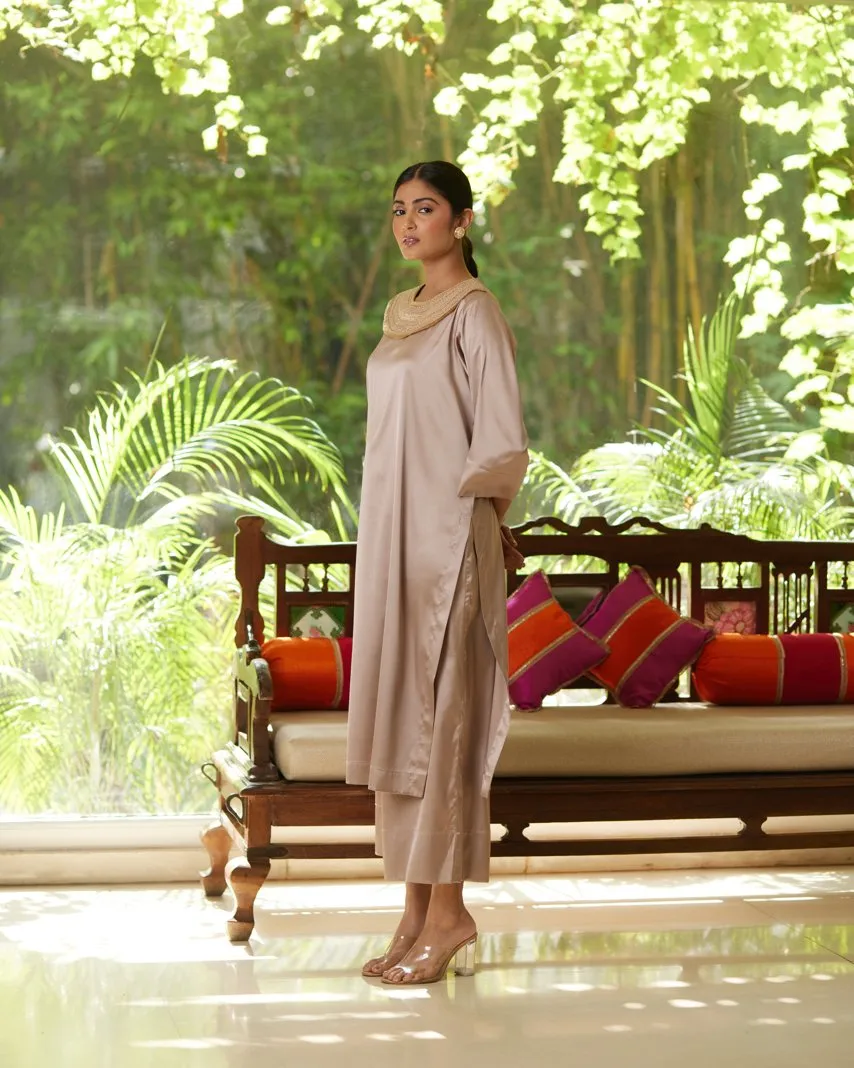 Beige Satin Silk Kurta Pant Set