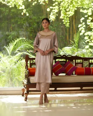 Beige Satin Silk Kurta Pant Set