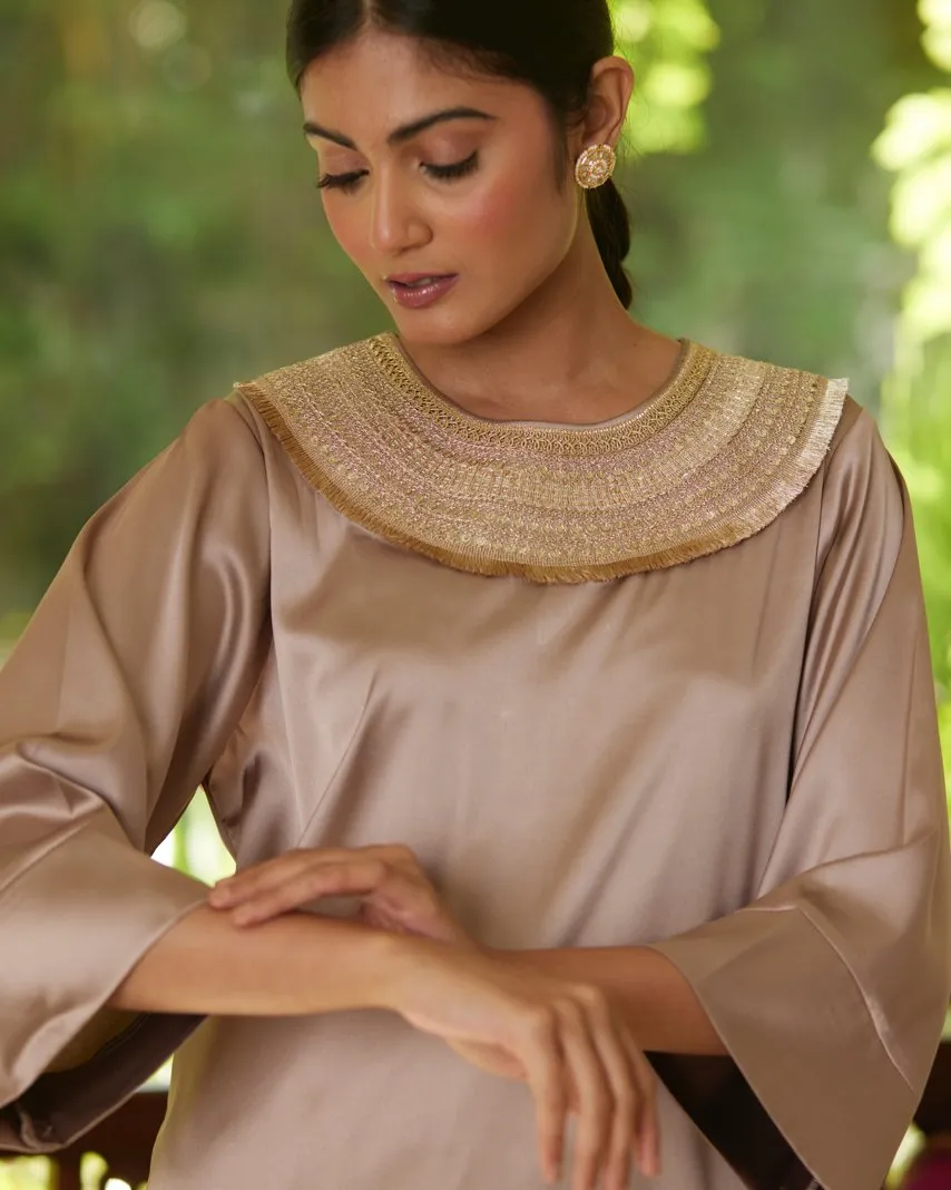 Beige Satin Silk Kurta Pant Set