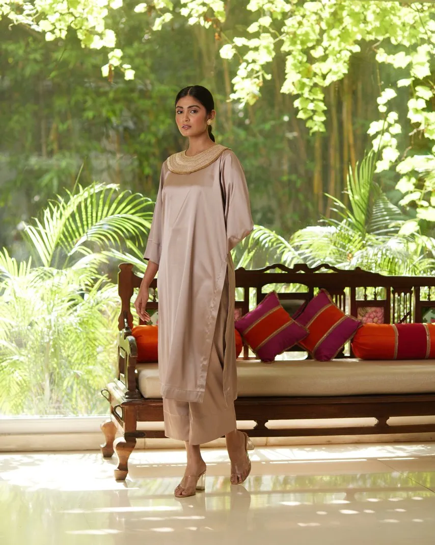 Beige Satin Silk Kurta Pant Set
