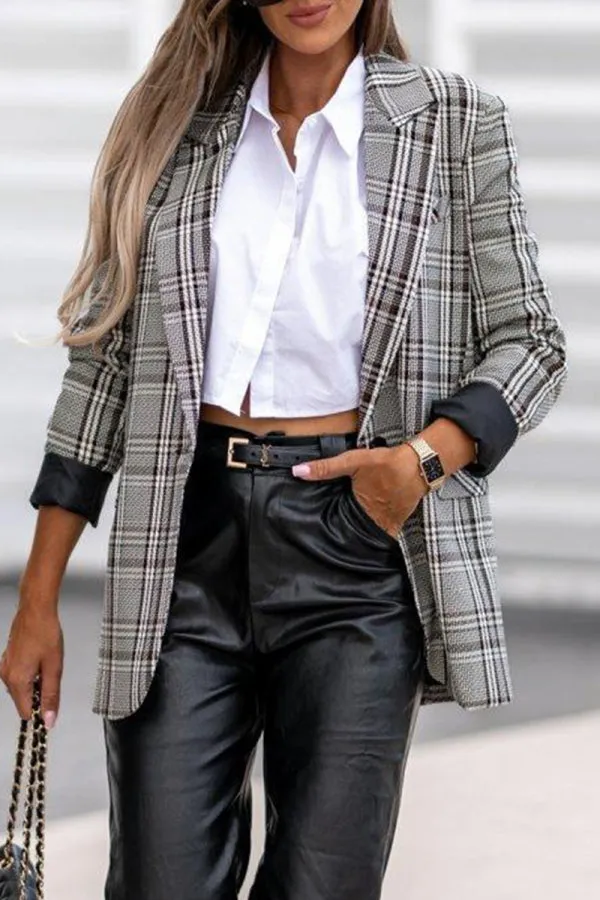 Bjlxn - Grey British Style Plaid Patchwork Turn-back Collar Outerwear