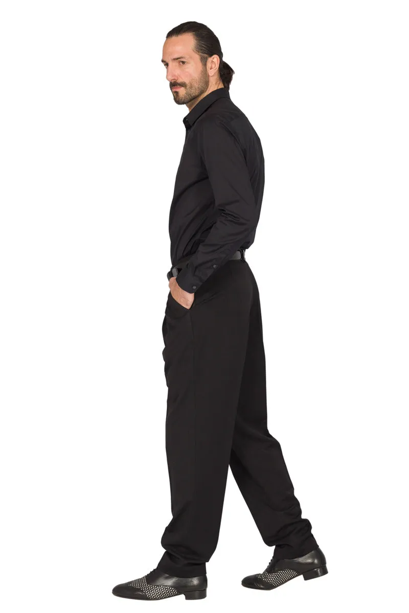 Black Men's Pants With Three Pleats & Satin Details
