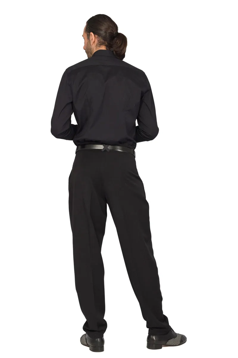 Black Men's Pants With Three Pleats & Satin Details