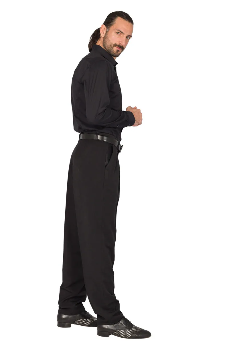 Black Men's Pants With Three Pleats & Satin Details