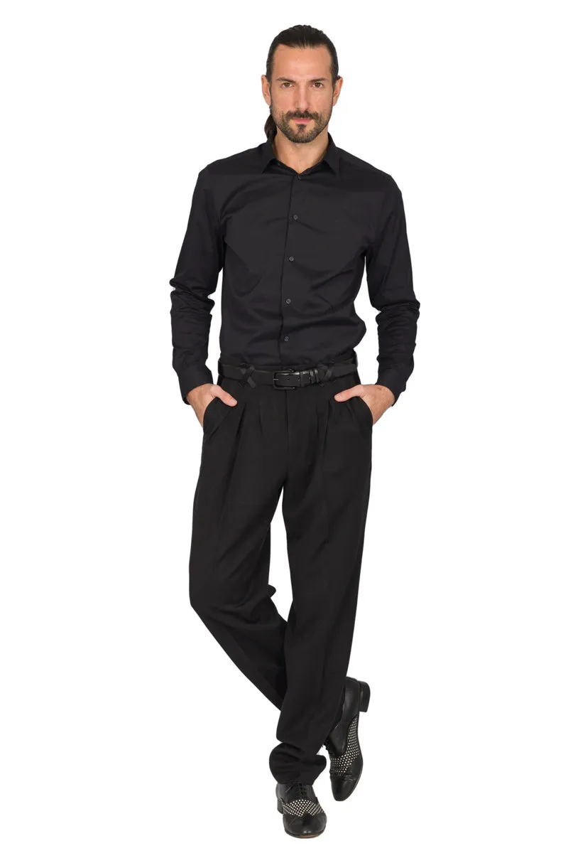 Black Men's Pants With Three Pleats & Satin Details
