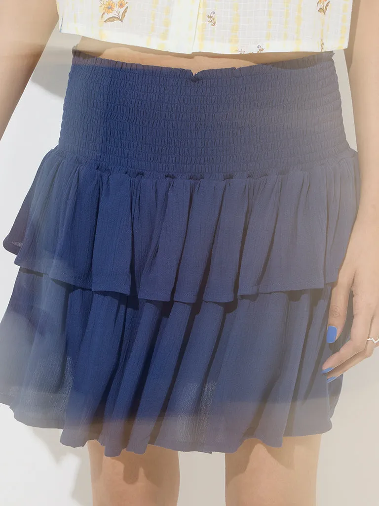 Bombay Paisley Navy Tiered High-Rise Cotton-Blend Skirt