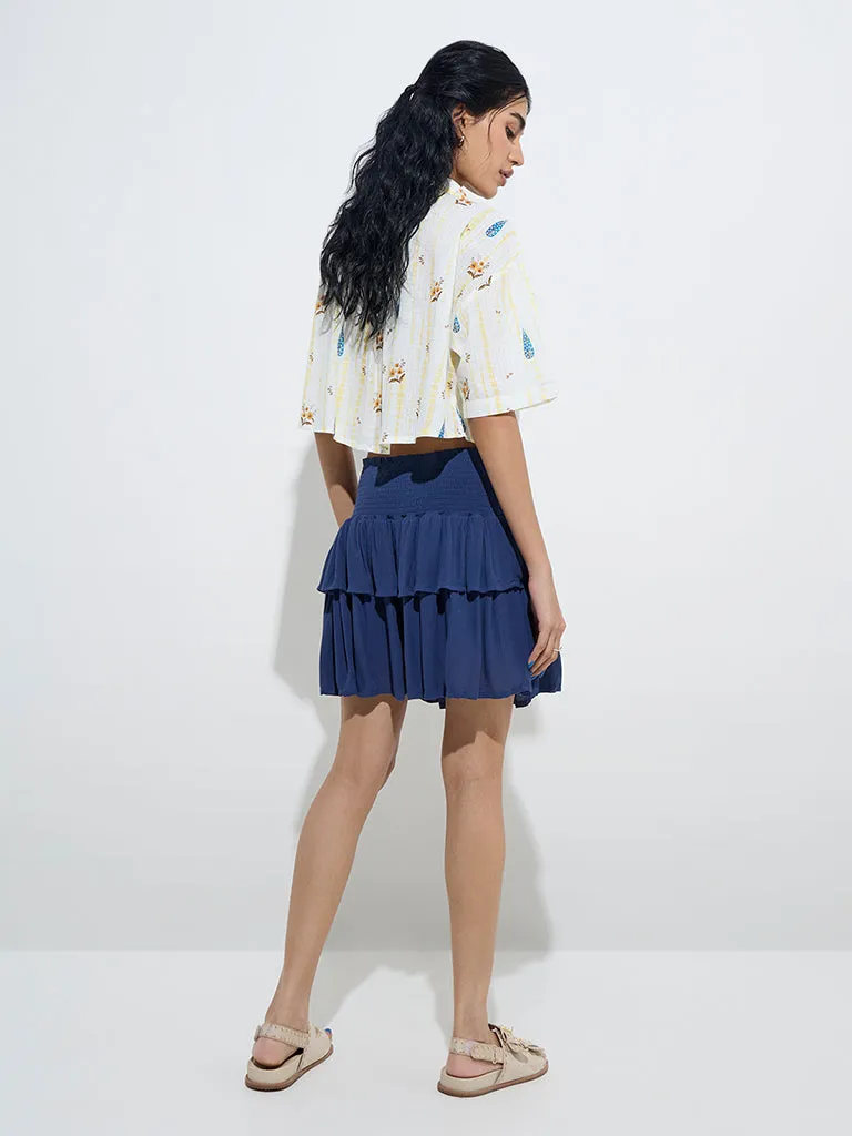 Bombay Paisley Navy Tiered High-Rise Cotton-Blend Skirt