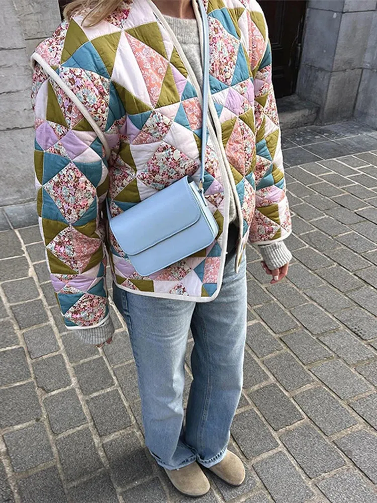 Bonnyshow Bohemian Printed Women's Jackets Winter Warm Thicken Women Coats Casual Vintage Jacket Cardigan Diamond Pattern Patchwork Jacket