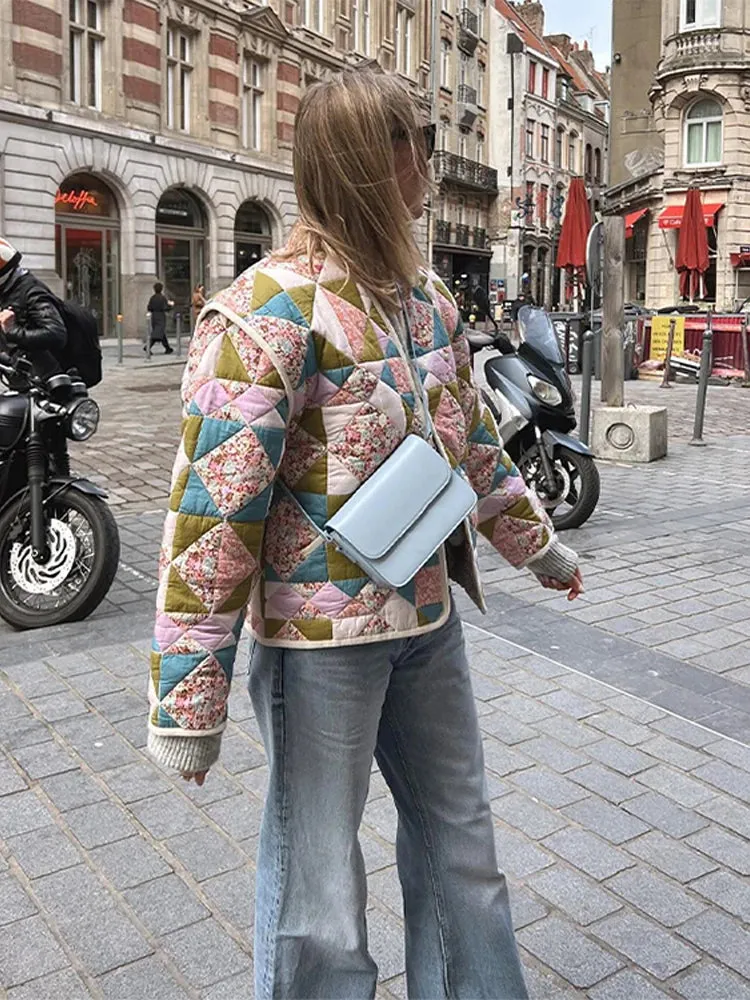 Bonnyshow Bohemian Printed Women's Jackets Winter Warm Thicken Women Coats Casual Vintage Jacket Cardigan Diamond Pattern Patchwork Jacket