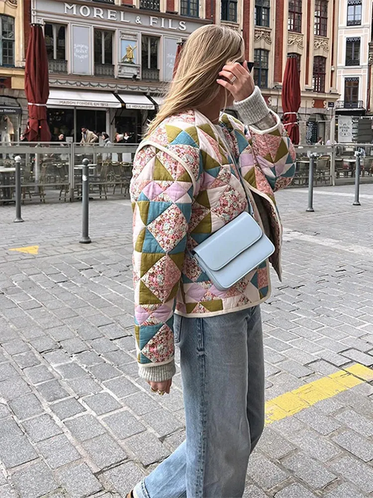 Bonnyshow Bohemian Printed Women's Jackets Winter Warm Thicken Women Coats Casual Vintage Jacket Cardigan Diamond Pattern Patchwork Jacket