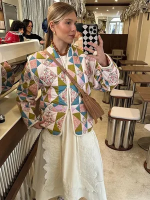 Bonnyshow Bohemian Printed Women's Jackets Winter Warm Thicken Women Coats Casual Vintage Jacket Cardigan Diamond Pattern Patchwork Jacket