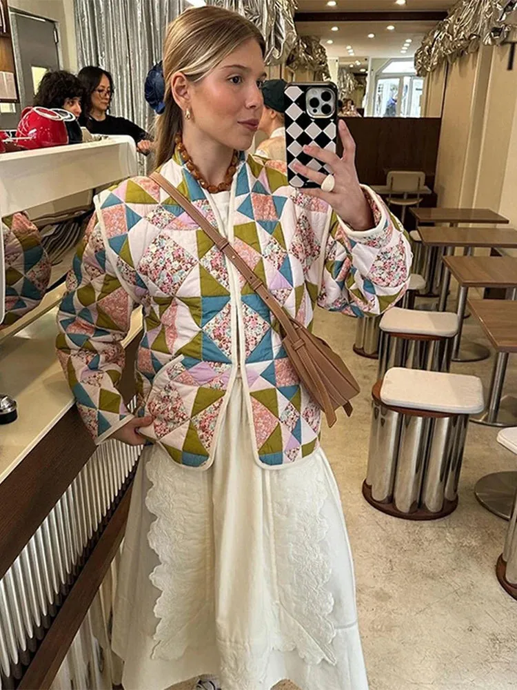 Bonnyshow Bohemian Printed Women's Jackets Winter Warm Thicken Women Coats Casual Vintage Jacket Cardigan Diamond Pattern Patchwork Jacket
