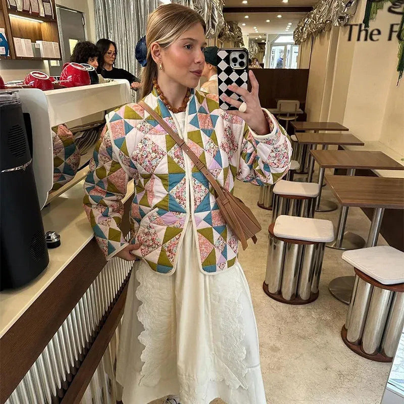 Bonnyshow Bohemian Printed Women's Jackets Winter Warm Thicken Women Coats Casual Vintage Jacket Cardigan Diamond Pattern Patchwork Jacket