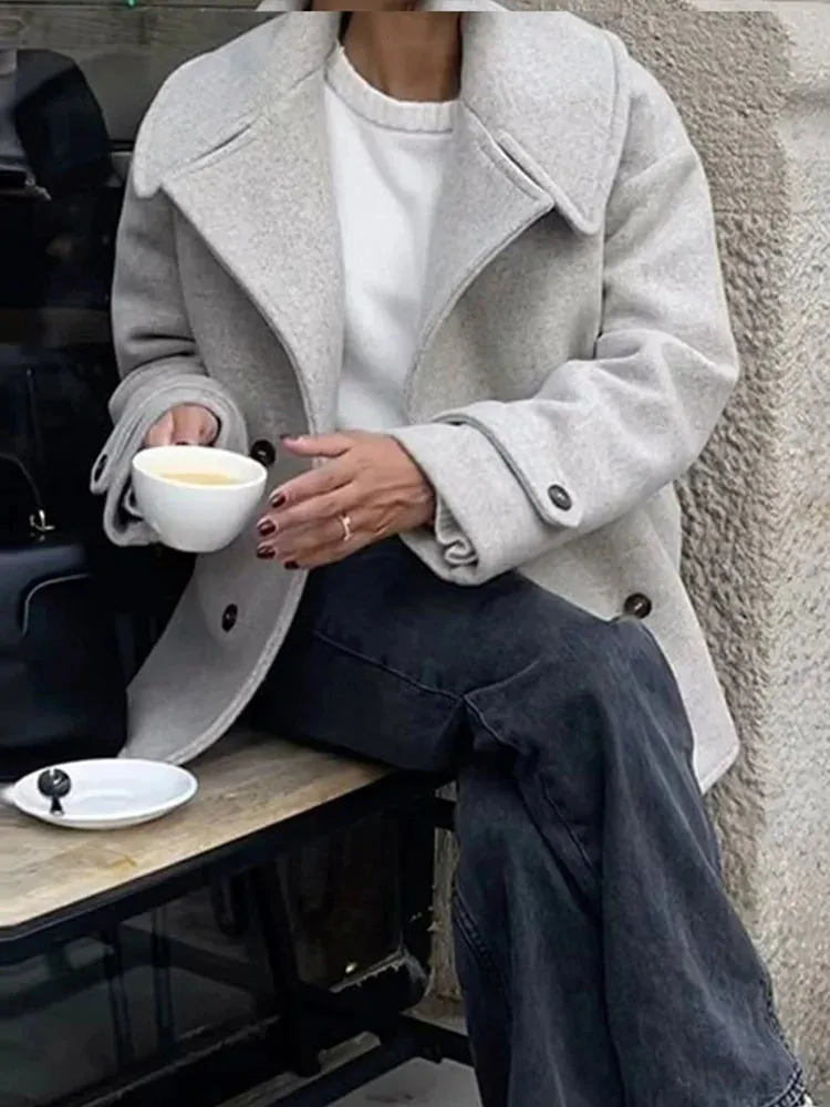 Bonnyshow Casual Solid Color Women's Coat Turndown Collar Double Breasted Loose Coats Fashion New Autumn Winter Retro Women Outerwears