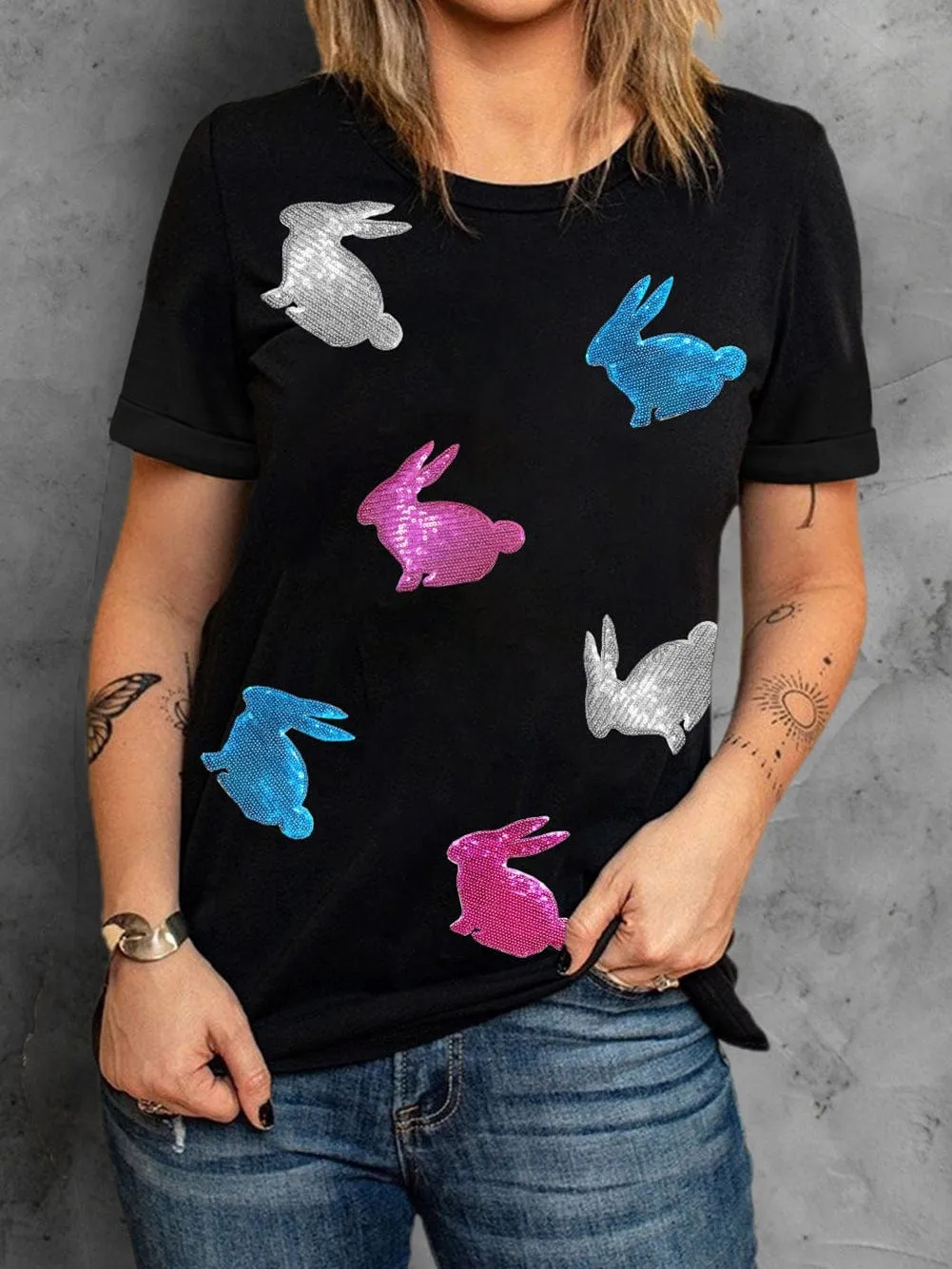 Bunny Glitter Black Easter Round Neck Tee