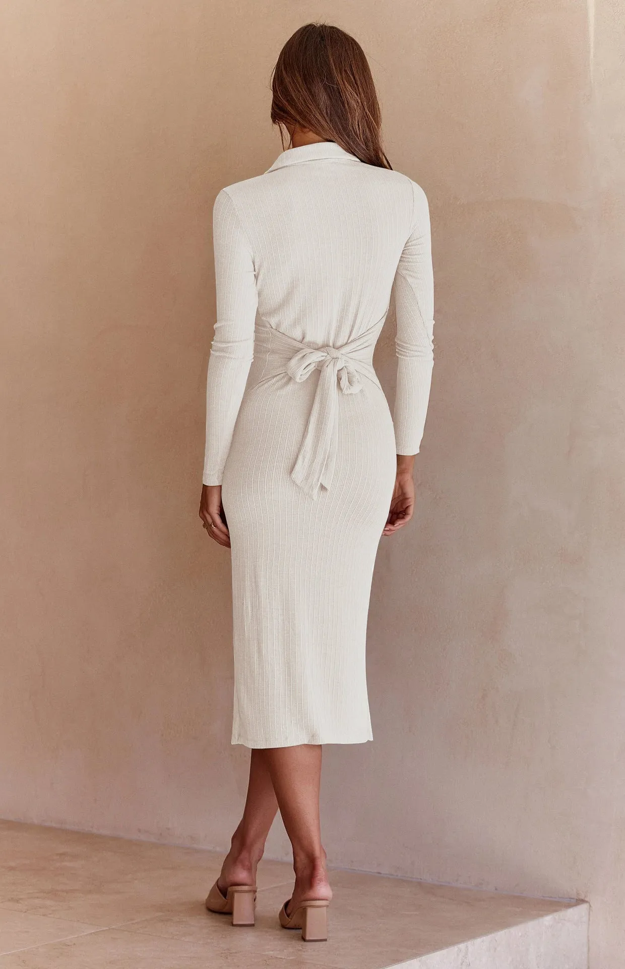 Button Slit Long Sleeve Rib Slim Lapel Simple Non-Pattern Dress Wholesale Dresses