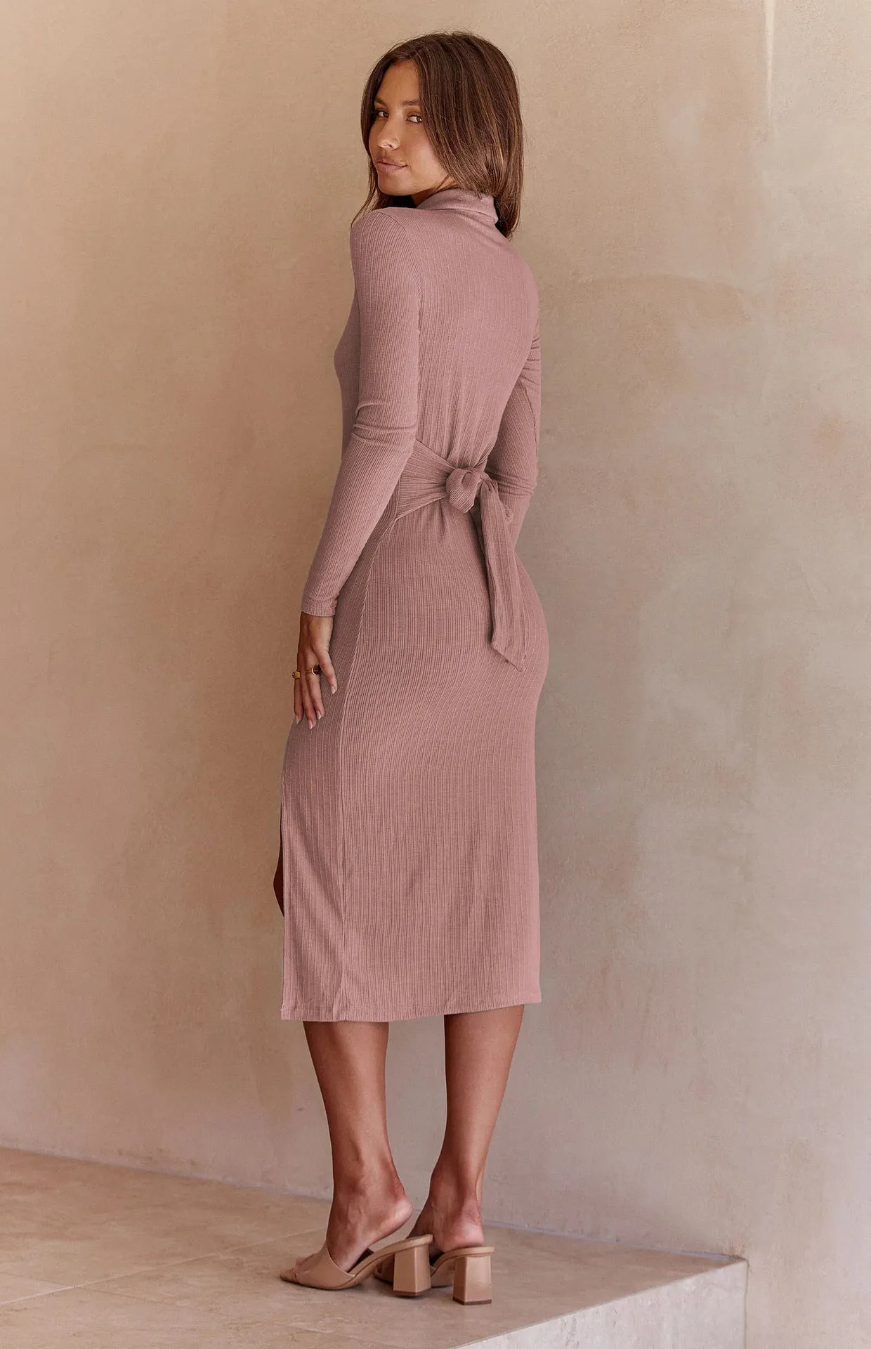 Button Slit Long Sleeve Rib Slim Lapel Simple Non-Pattern Dress Wholesale Dresses