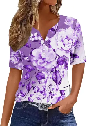 Ceboyel Women Summer Tops 2024 Trendy Floral Boho Blouses Short Sleeve Henley Shirts Tshirts Dressy Causal Vacation Clothes