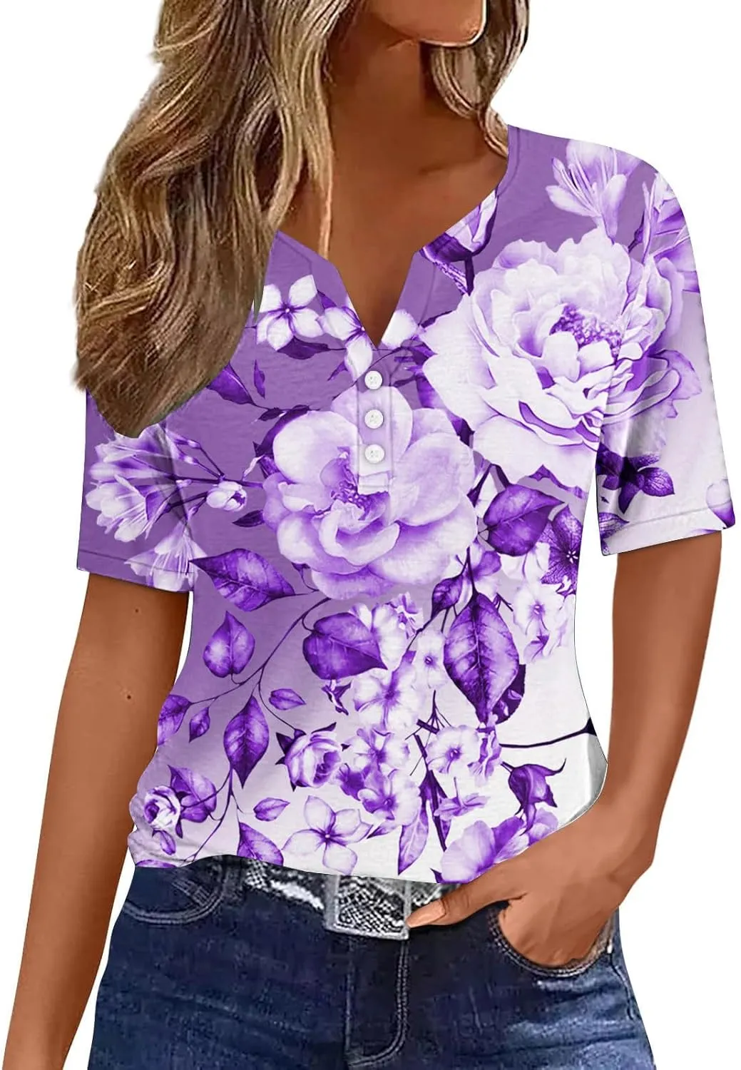 Ceboyel Women Summer Tops 2024 Trendy Floral Boho Blouses Short Sleeve Henley Shirts Tshirts Dressy Causal Vacation Clothes