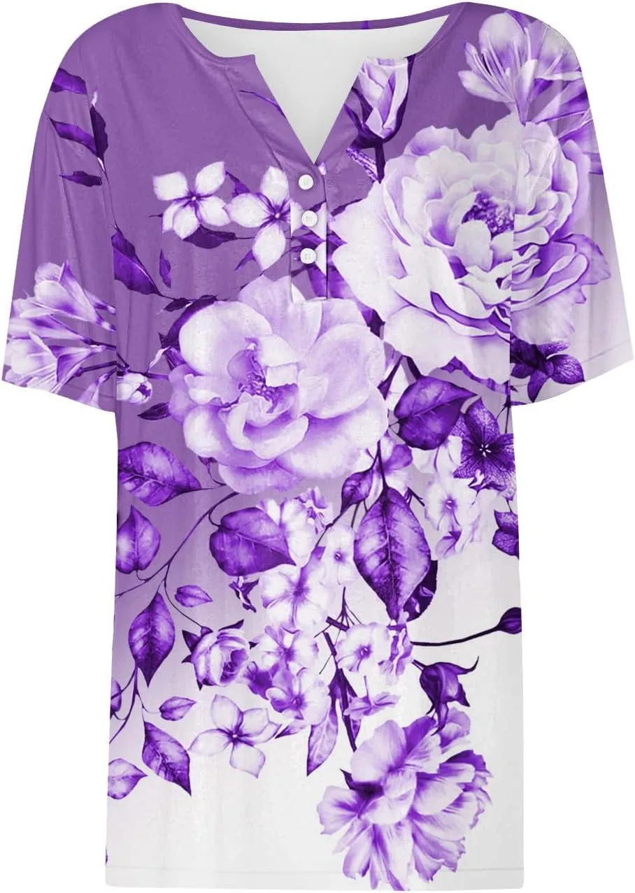Ceboyel Women Summer Tops 2024 Trendy Floral Boho Blouses Short Sleeve Henley Shirts Tshirts Dressy Causal Vacation Clothes