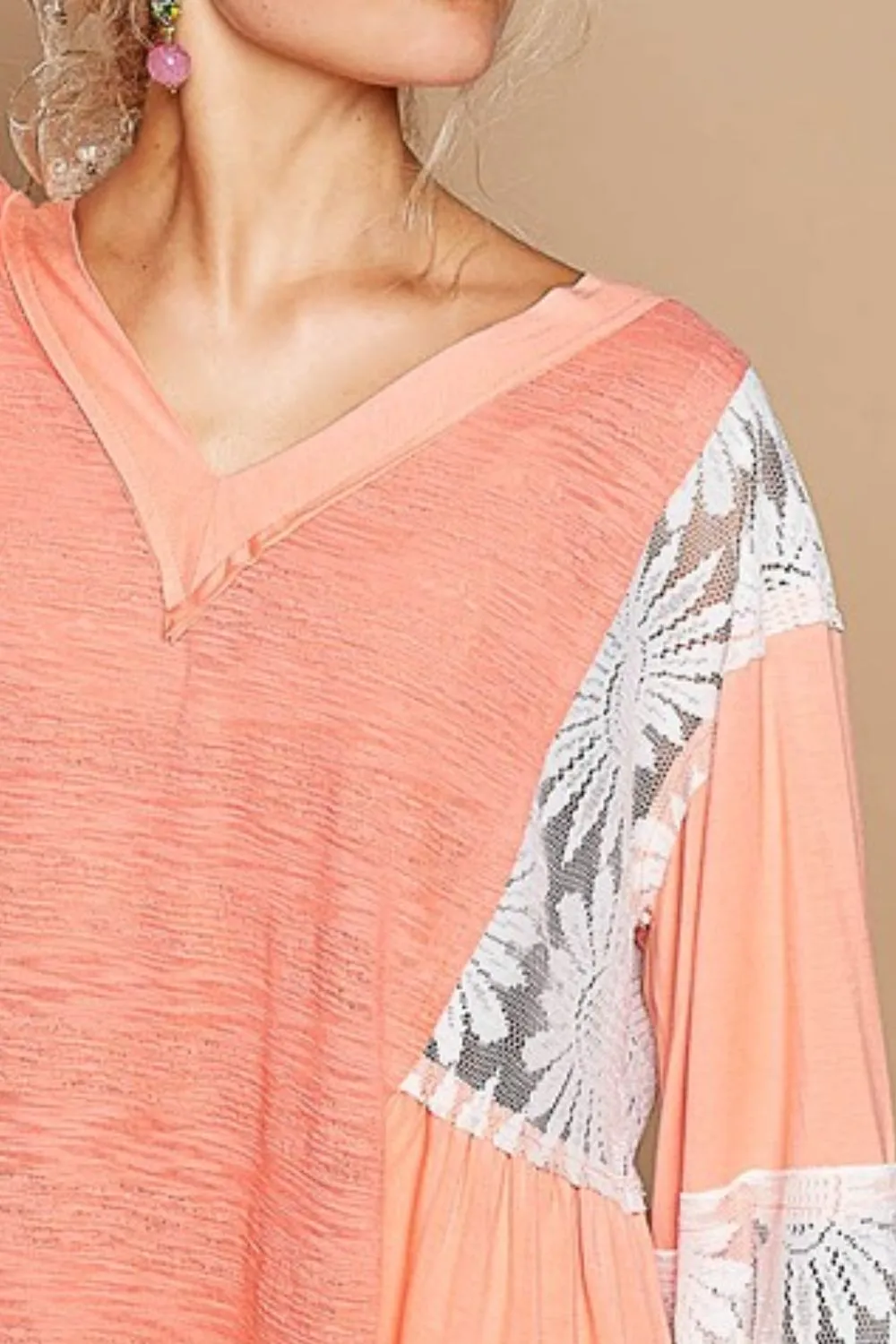 Coral Color Lace Detail V-Neck Flare Sleeve Blouse