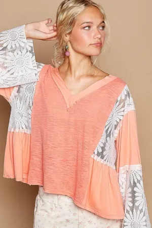 Coral Color Lace Detail V-Neck Flare Sleeve Blouse