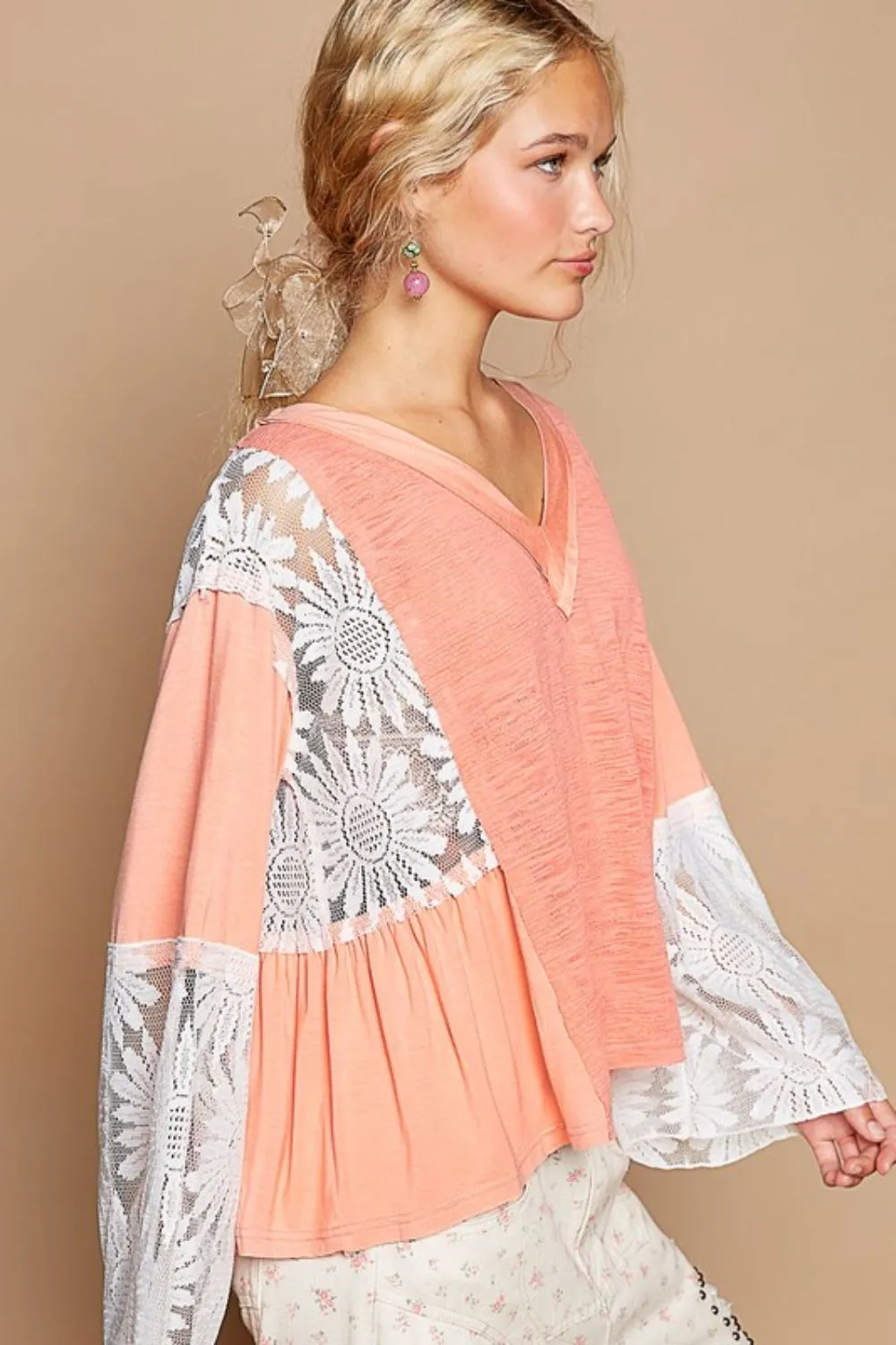 Coral Color Lace Detail V-Neck Flare Sleeve Blouse