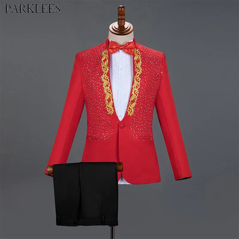 Diamond Royal Blue Men Suit Set Gold Embroidered Wedding Mens Slim Fit Tuxedo Mens Suits With Pants Prom Show Stage Costume Male