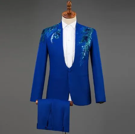 Diamond Royal Blue Men Suit Set Gold Embroidered Wedding Mens Slim Fit Tuxedo Mens Suits With Pants Prom Show Stage Costume Male