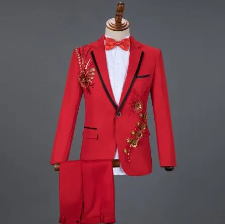 Diamond Royal Blue Men Suit Set Gold Embroidered Wedding Mens Slim Fit Tuxedo Mens Suits With Pants Prom Show Stage Costume Male