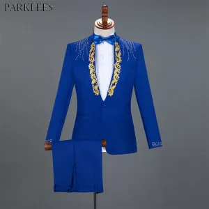 Diamond Royal Blue Men Suit Set Gold Embroidered Wedding Mens Slim Fit Tuxedo Mens Suits With Pants Prom Show Stage Costume Male