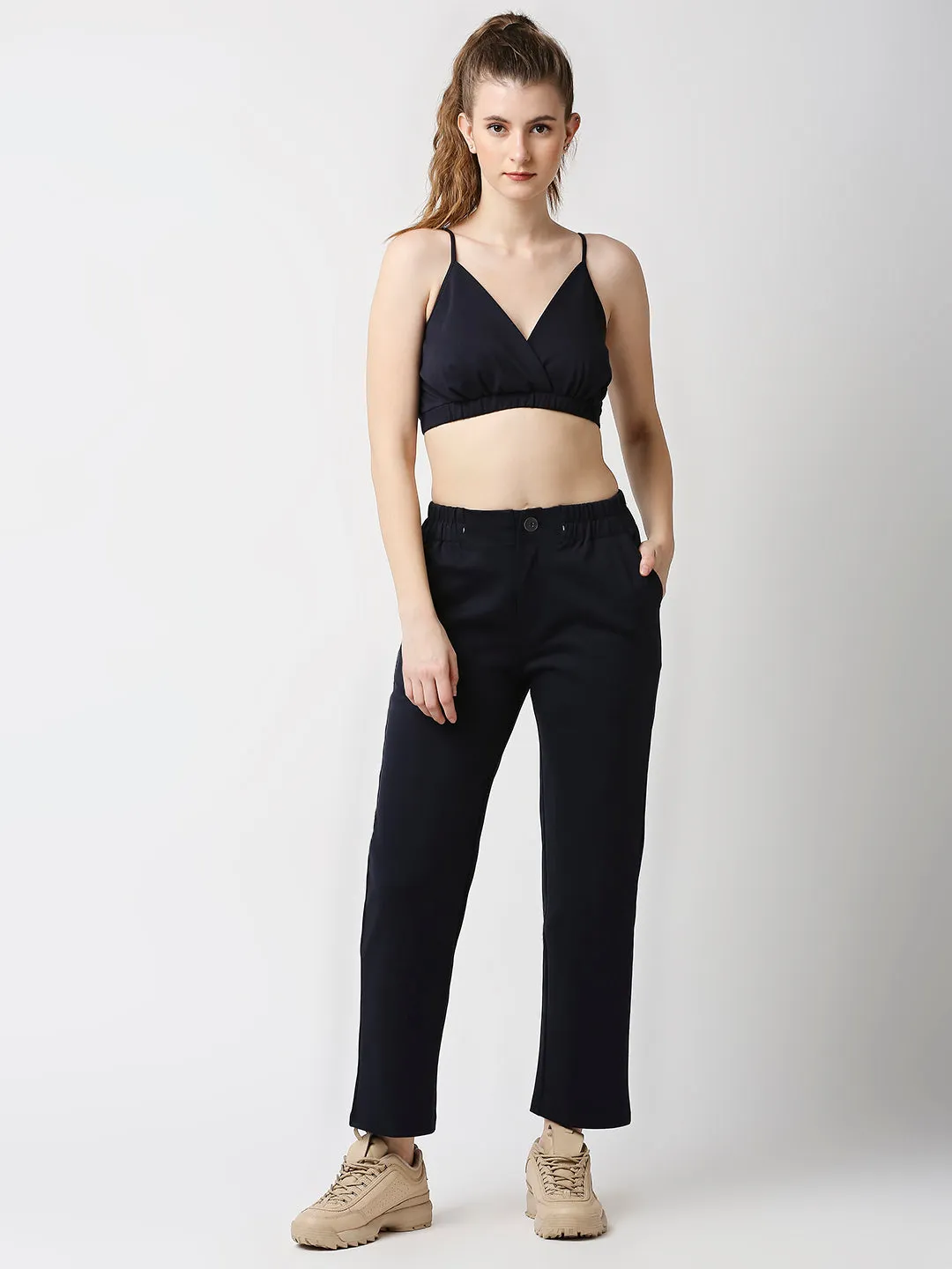 Disrupt Women Navy Straight Pants With Bralette Crop Top Co-rd Set (2pc)