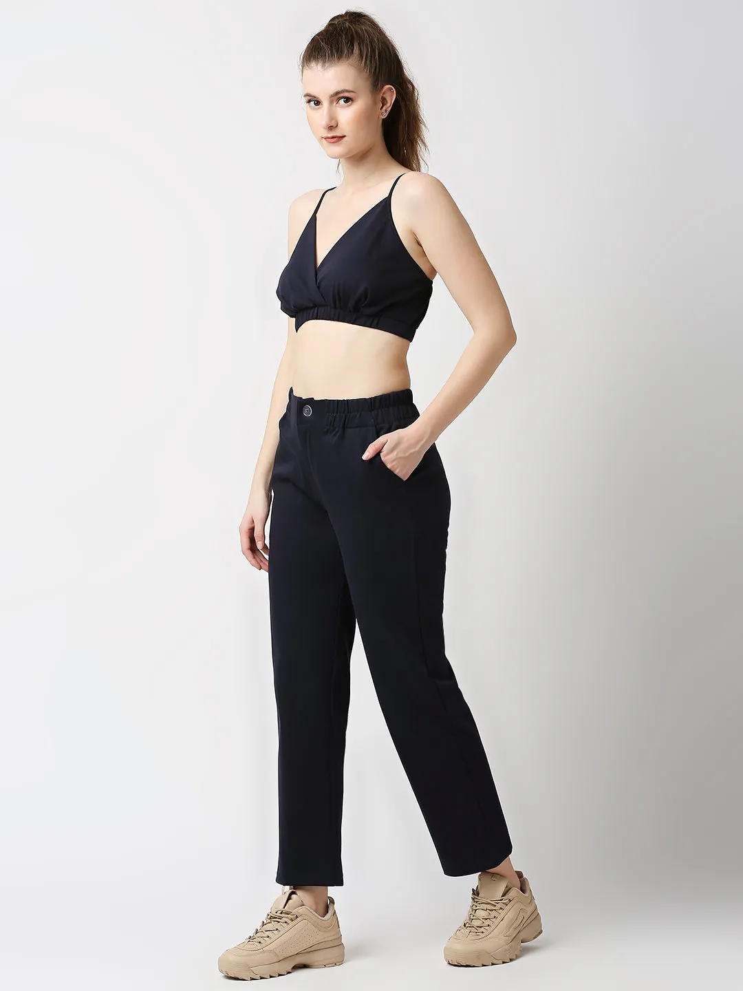 Disrupt Women Navy Straight Pants With Bralette Crop Top Co-rd Set (2pc)