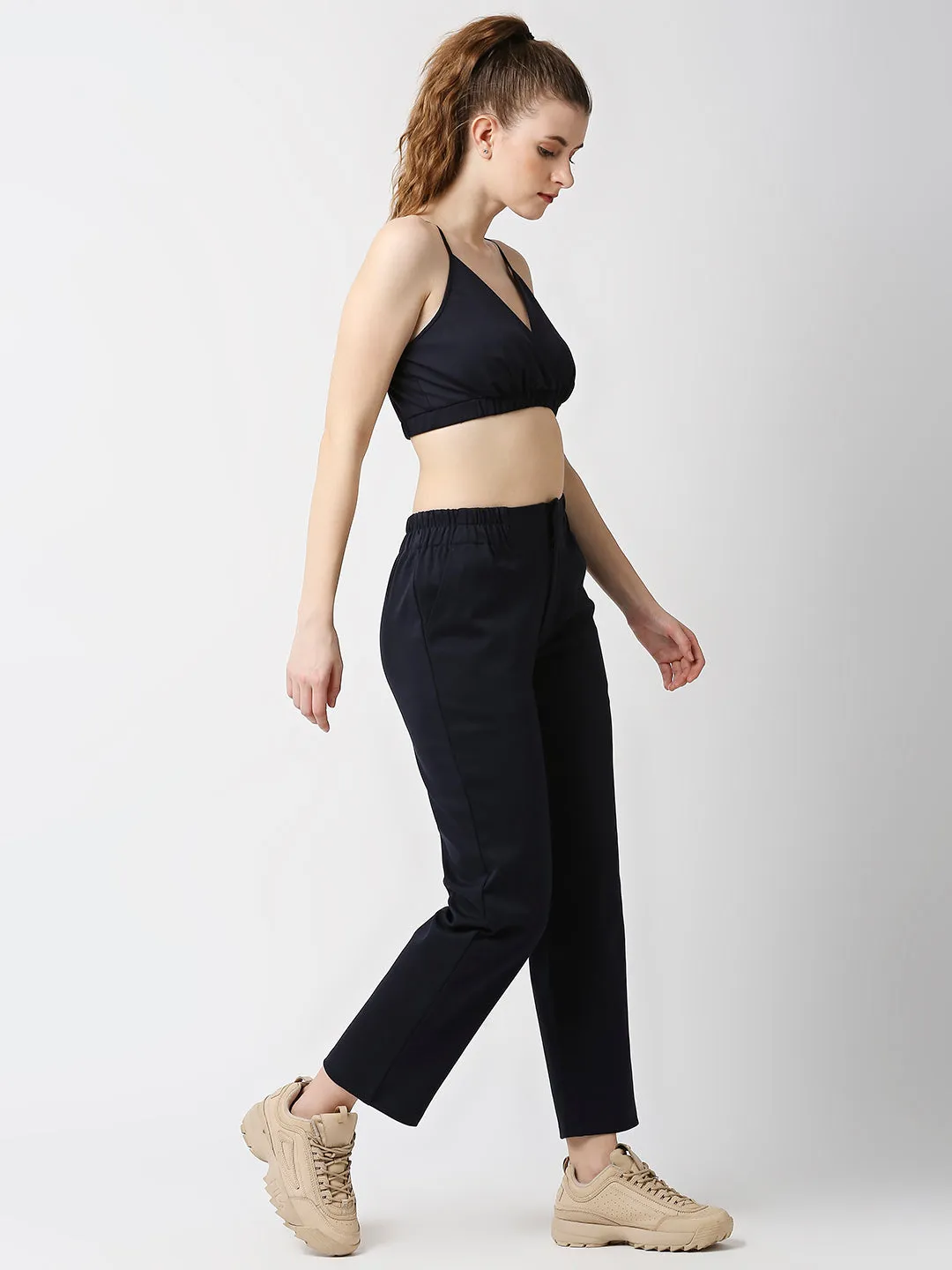 Disrupt Women Navy Straight Pants With Bralette Crop Top Co-rd Set (2pc)