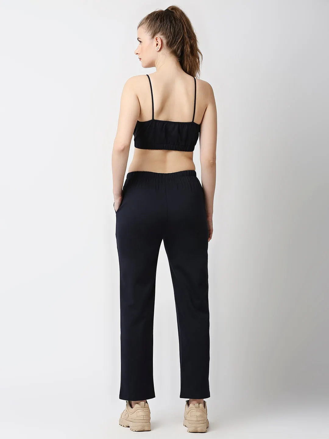 Disrupt Women Navy Straight Pants With Bralette Crop Top Co-rd Set (2pc)