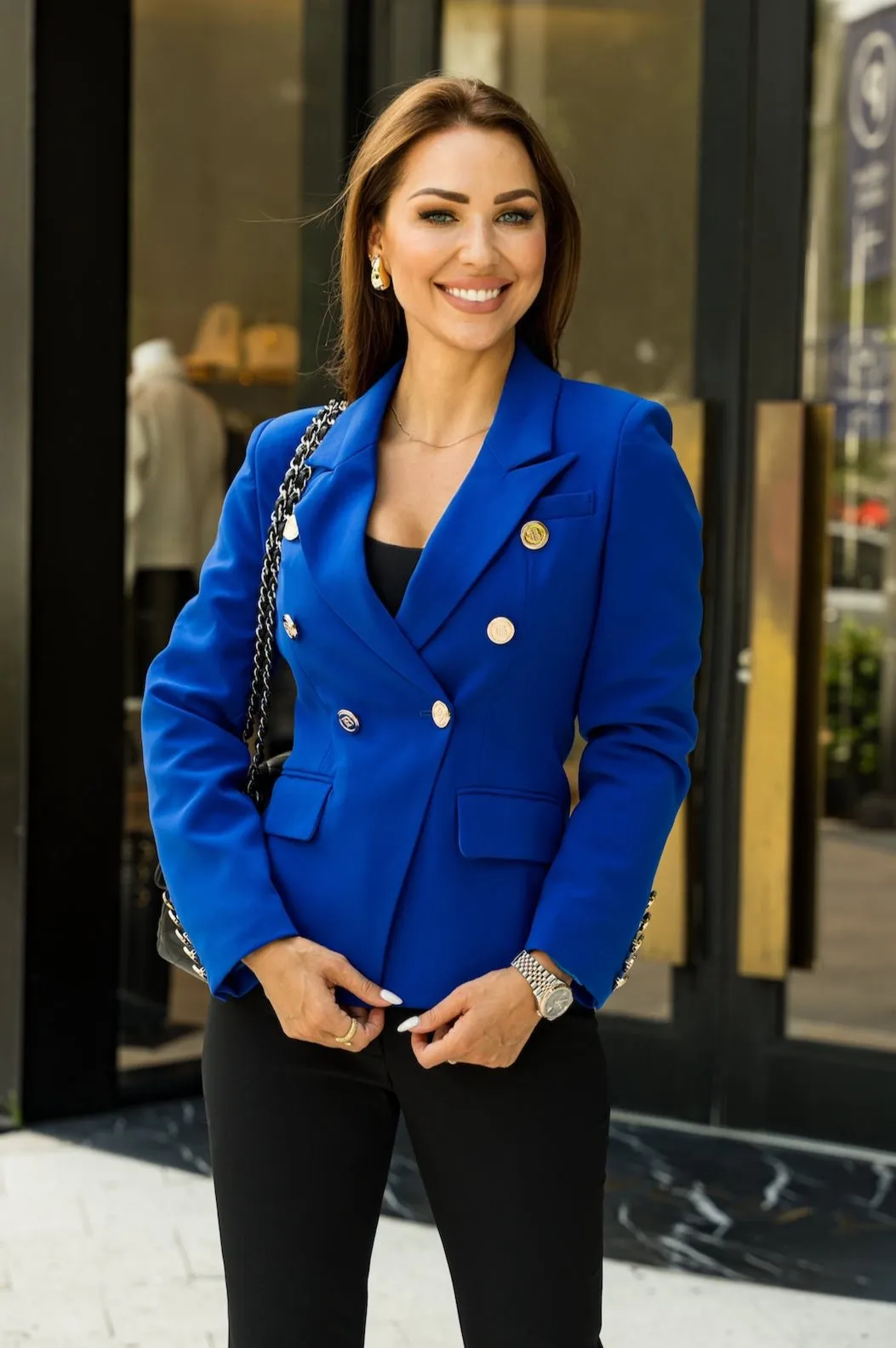 Double-Breasted Blazer Gold Tone Buttons - Royal Blue