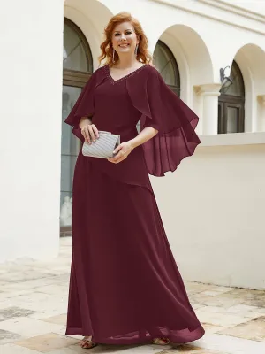 Dress Adorned with Beaded Elegance and Flutter Sleeves Cabernet
