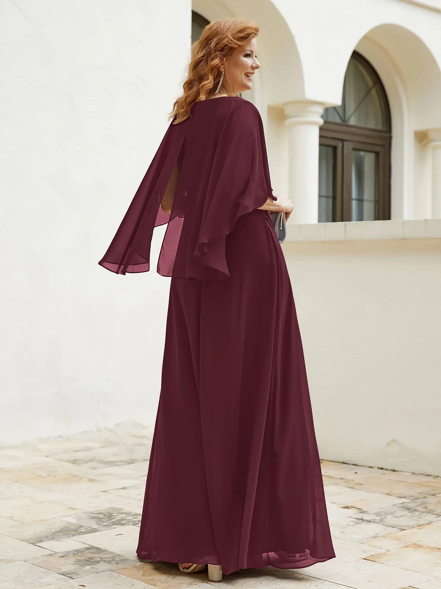 Dress Adorned with Beaded Elegance and Flutter Sleeves Cabernet
