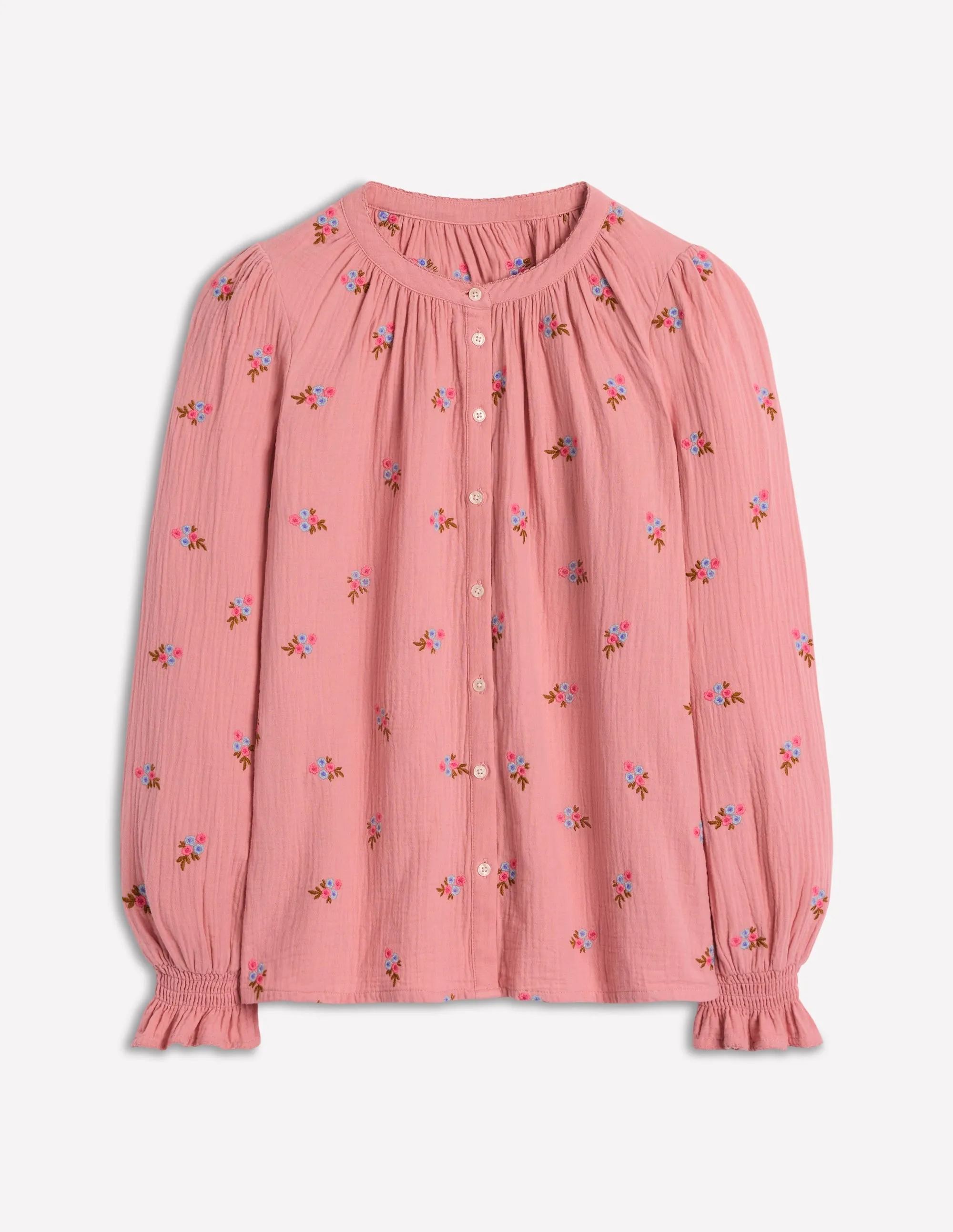 Evie Double Cloth Top-Almond Pink, Floral Embroidery